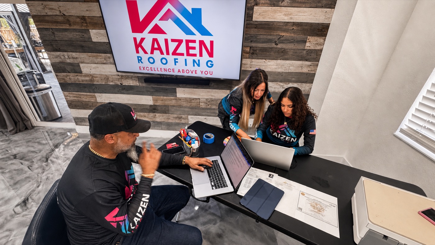 Kaizen Roofing team at the office planning a Miami-Dade roofing project