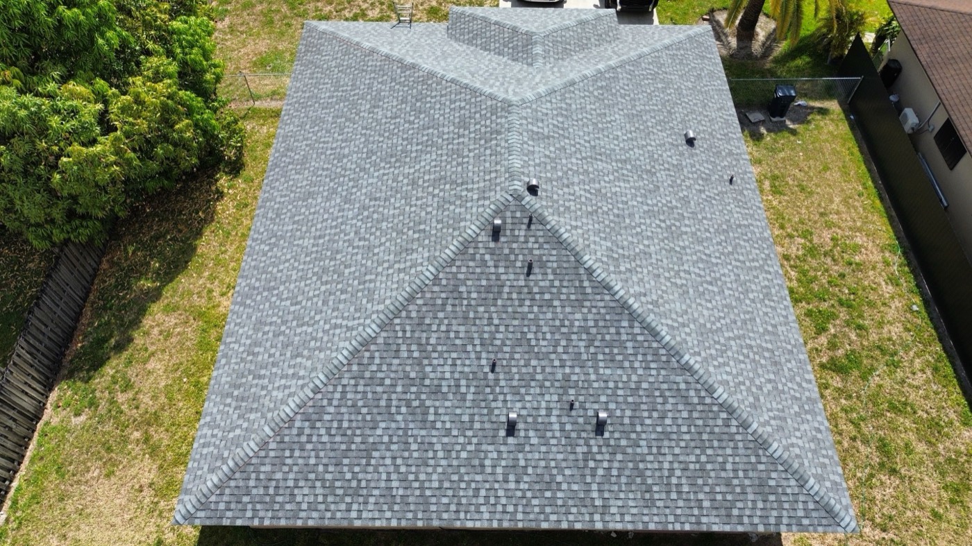 Aerial view of a completed roof in Cutler Bay, FL