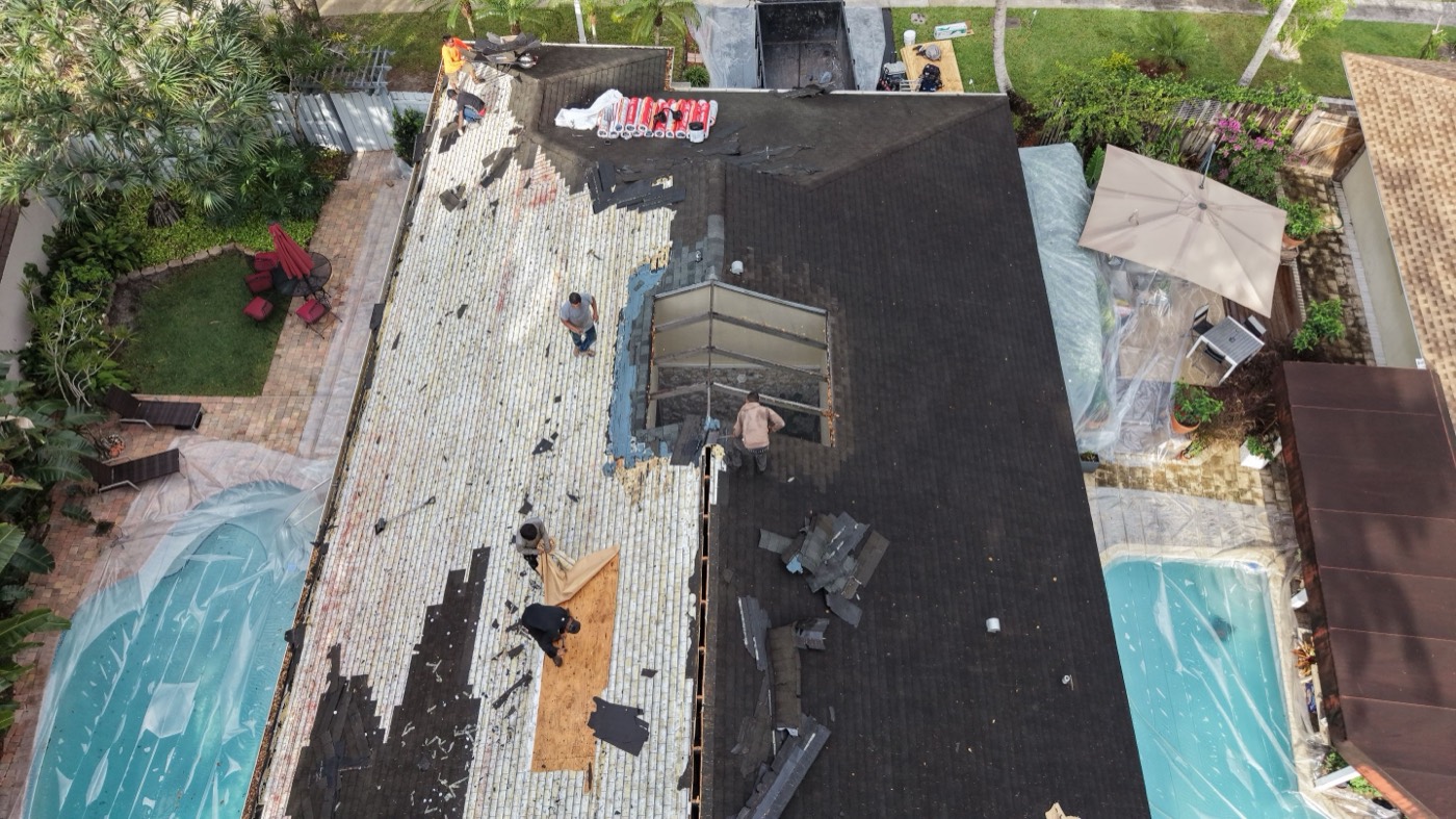 Kaizen Roofing project in Miami-Dade — drone tearoff